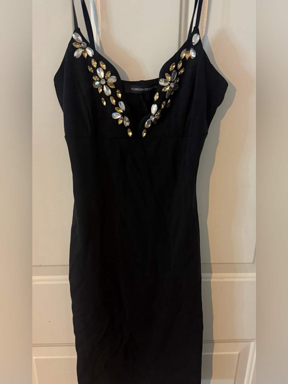 Foreign Exchange Black Mini Slip Dress with Jewel Accents
